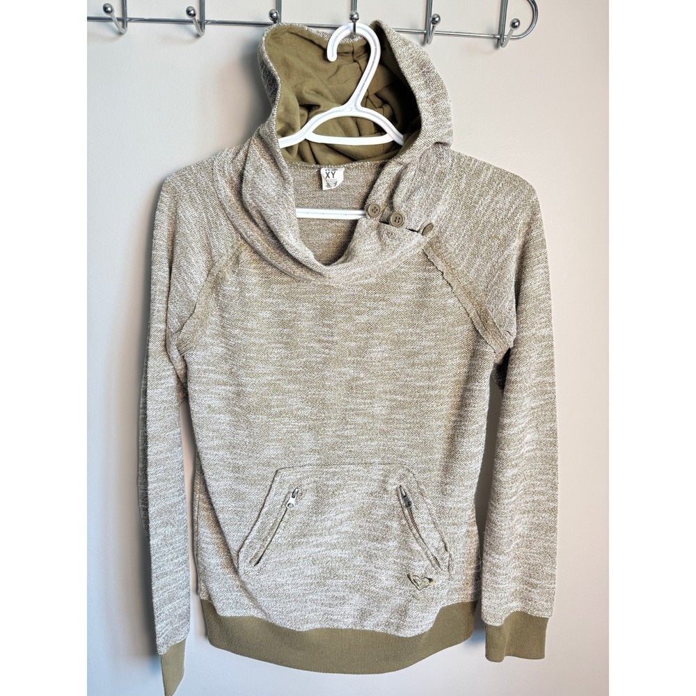 Roxy Heather Army Green Button Cowl Neck Hoodie Pullover S Boho Surf Gorpcore